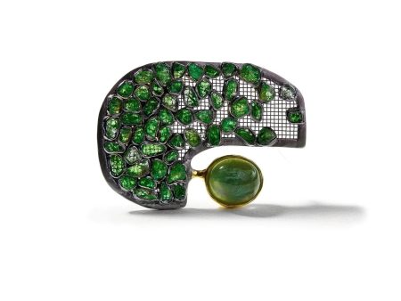 German Kabirski Gerad Green Fluorite and Rough Chrome Diopside Brooch on Sale